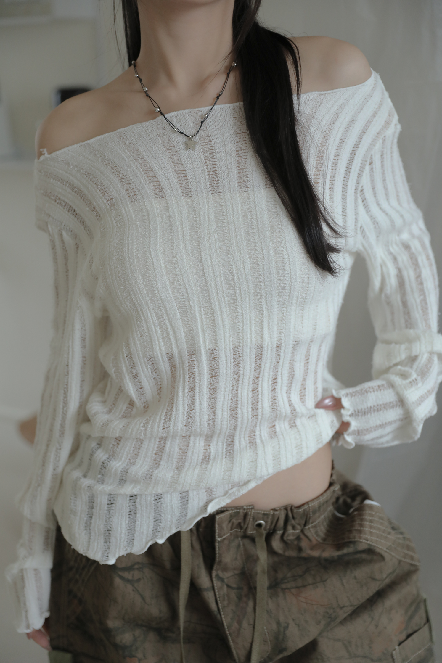 Boat Neck Diagonal Knit #上衣