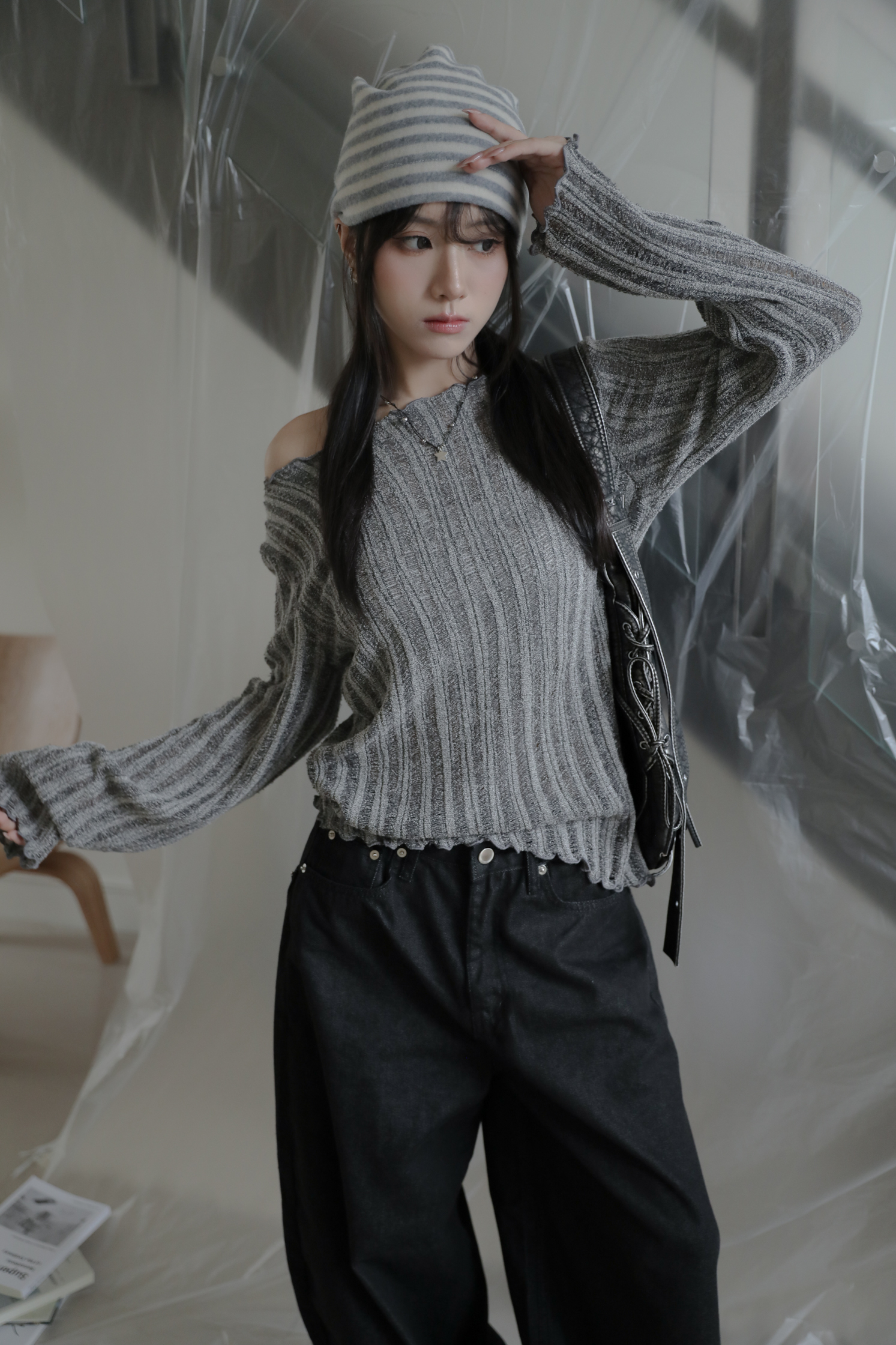 Boat Neck Diagonal Knit #上衣