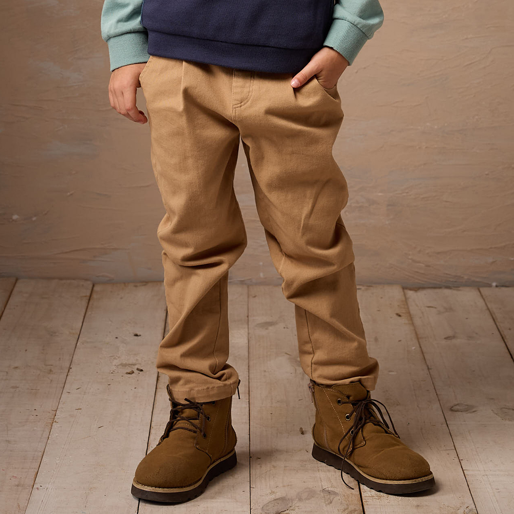 PIPPY 休閒鬆緊可調節腰圍彈性棉長褲 卡其