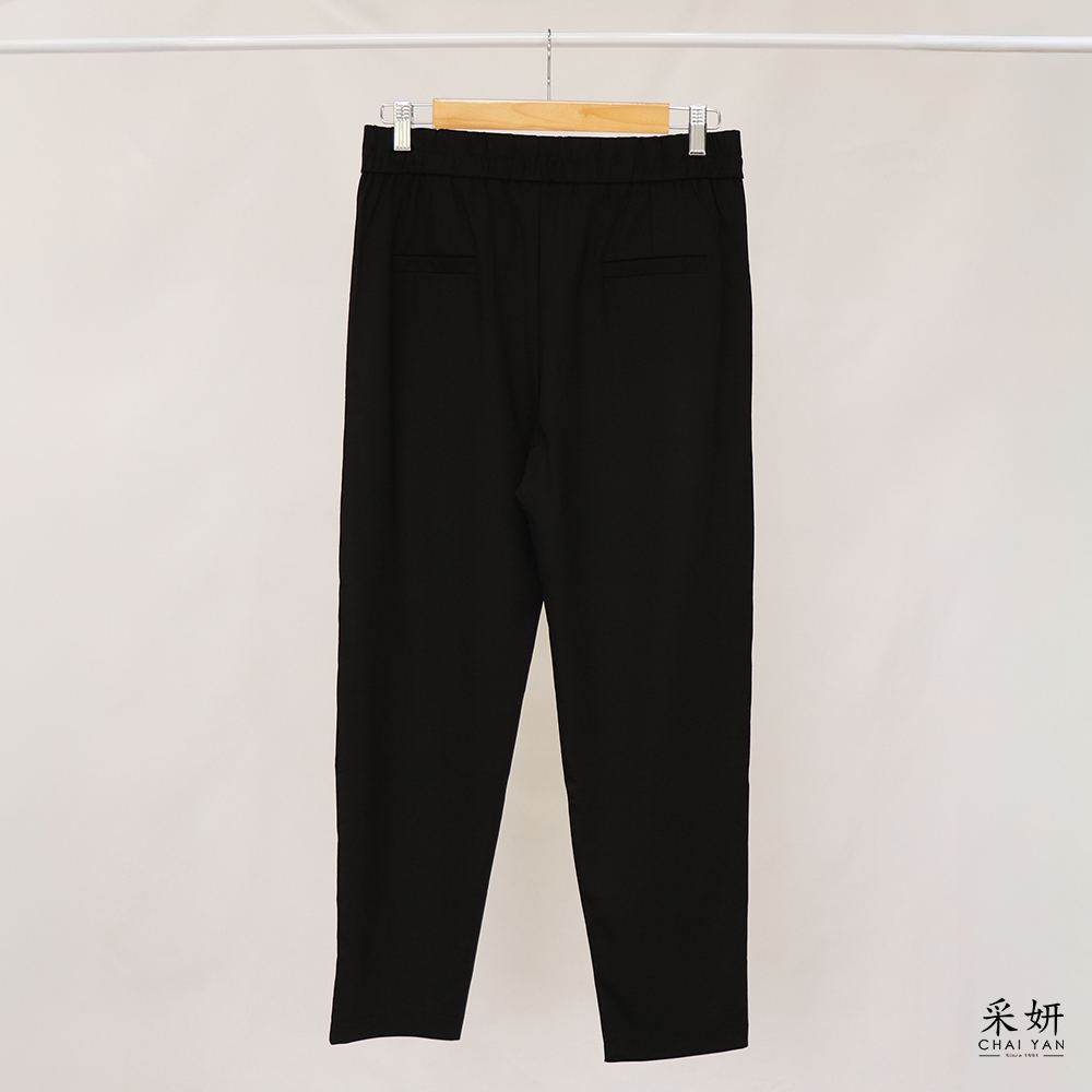 前腰頭跳色條紋後鬆緊腰窄管九分褲