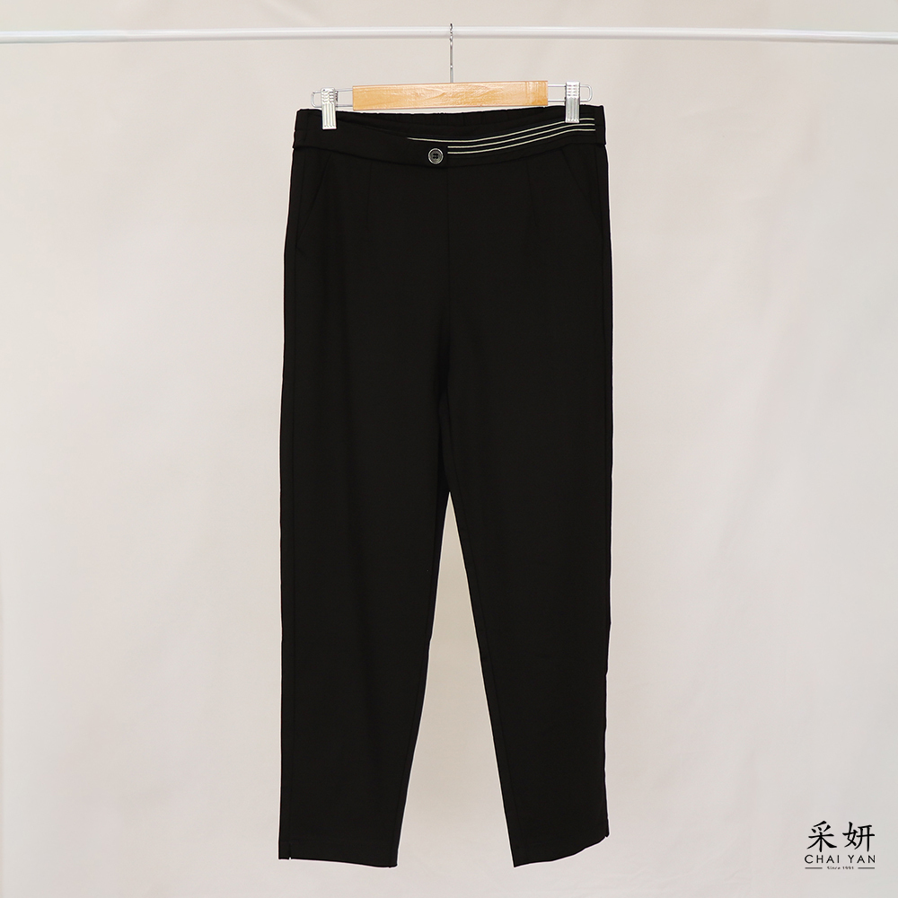 前腰頭跳色條紋後鬆緊腰窄管九分褲