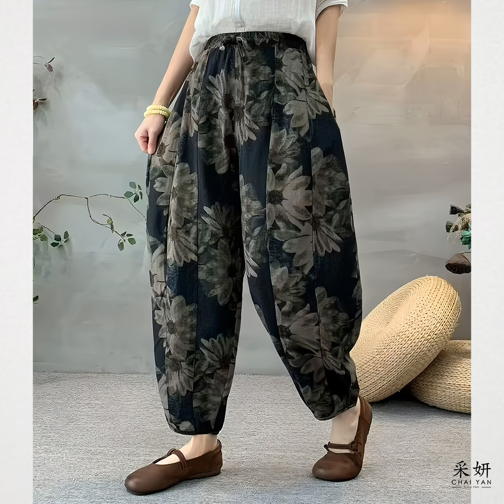 滿版花朵印花抽繩鬆緊腰燈籠褲