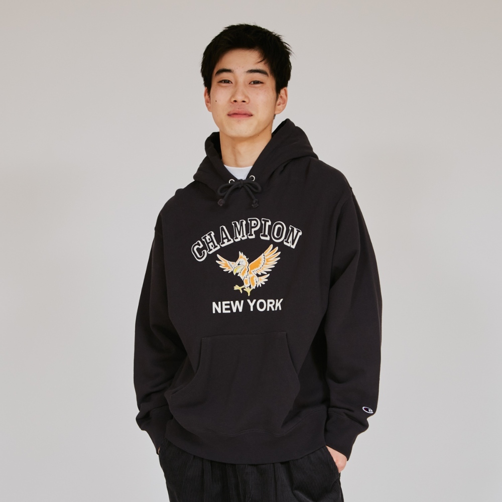 男款-CASUAL 寬版印花連帽衛衣-黑色（C3-C102-055）