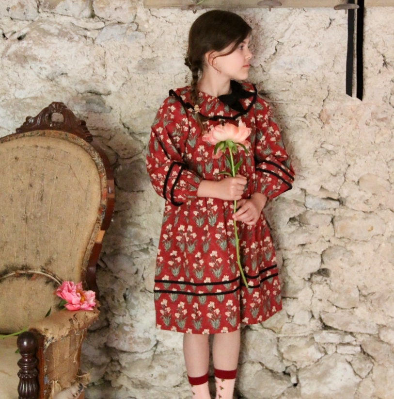 BONJOUR DIARY 古典圖騰滾邊條紋洋TDress iris print