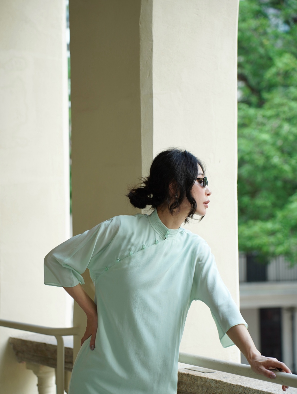 HANAA 新款真絲雙綹翠竹綠中式立領斜襟連衣裙