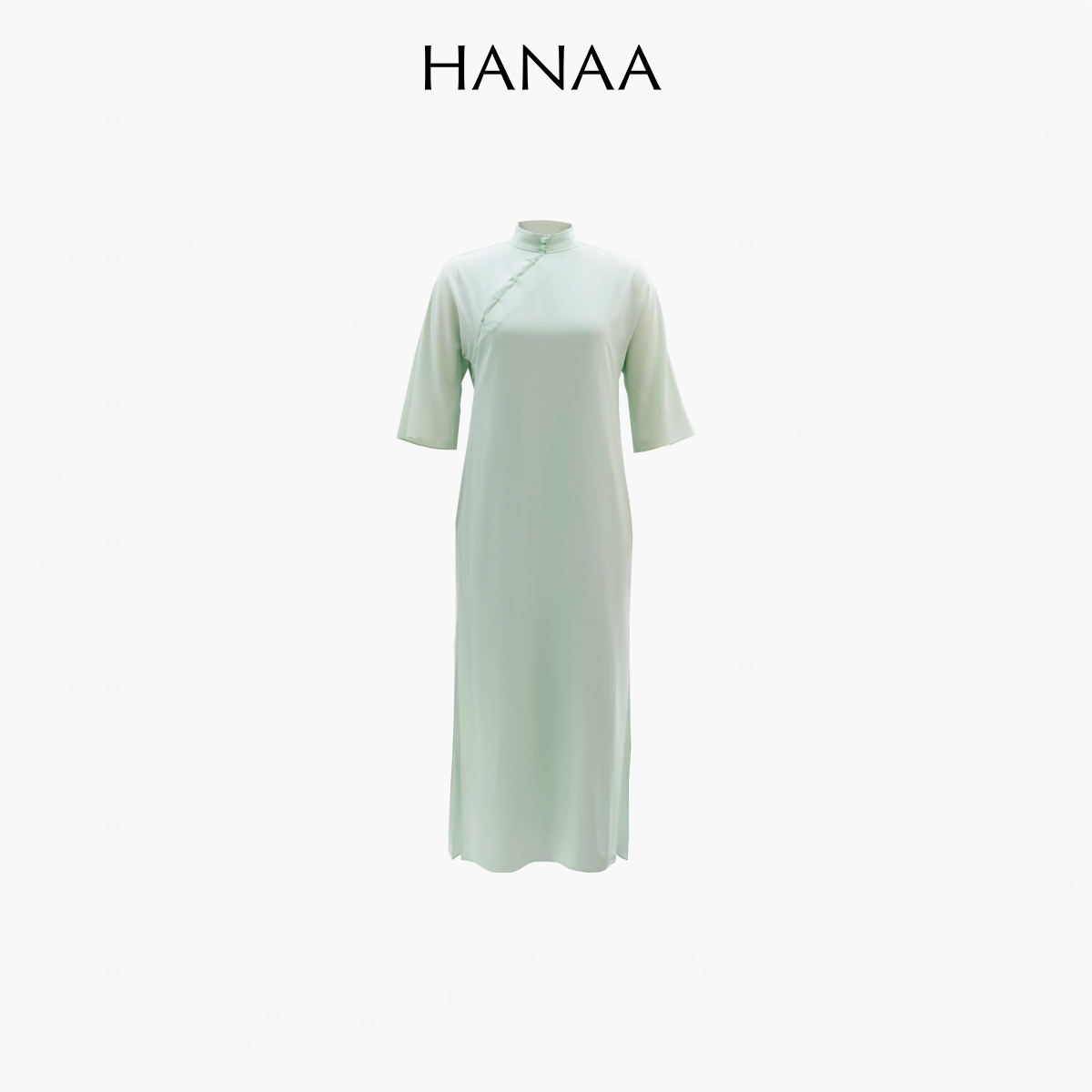 HANAA 新款真絲雙綹翠竹綠中式立領斜襟連衣裙