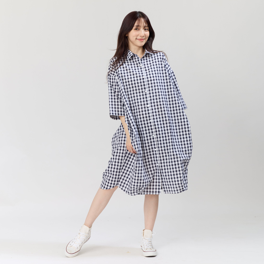 Nancy棉質開襟口袋襯衫洋裝/深藍格