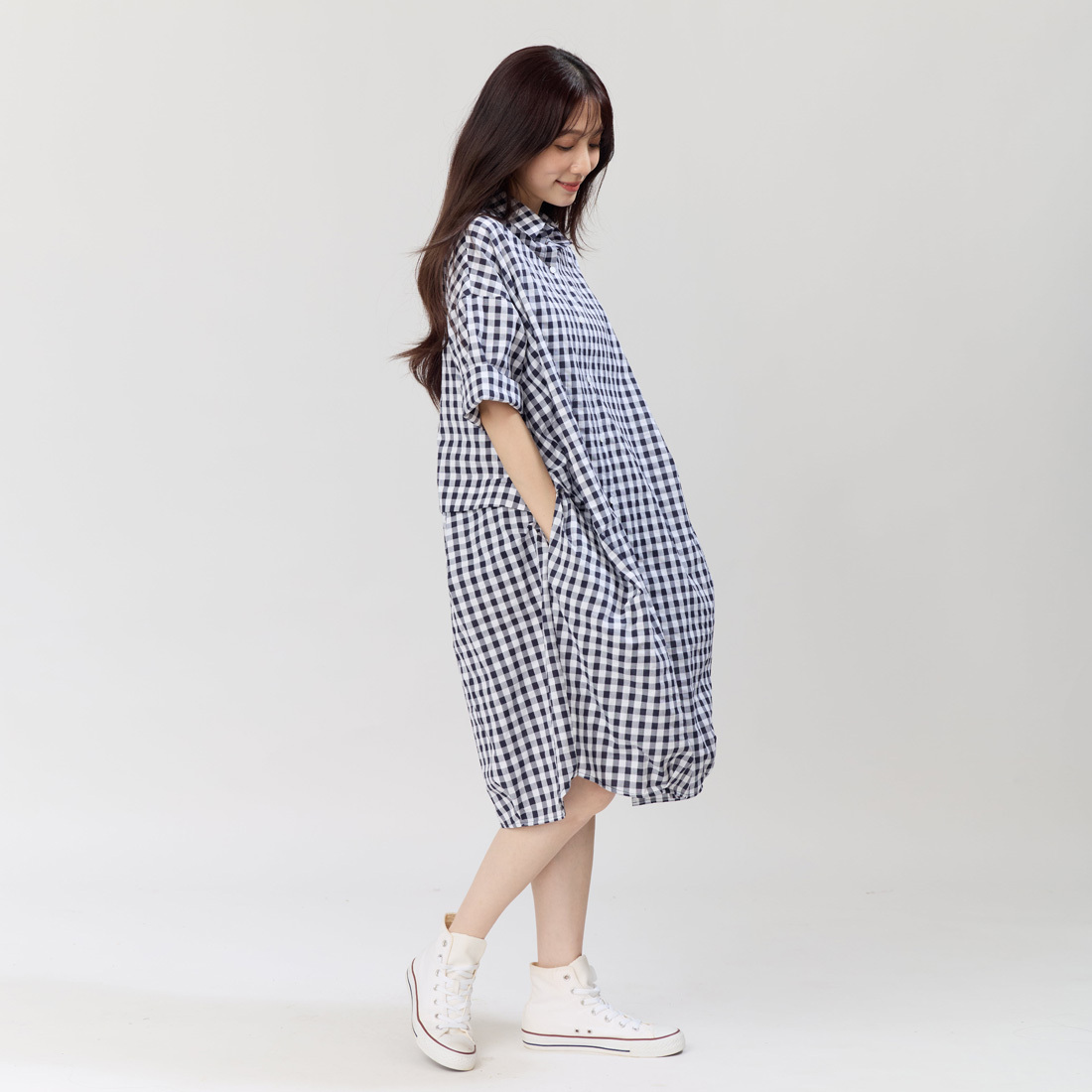 Nancy棉質開襟口袋襯衫洋裝/深藍格