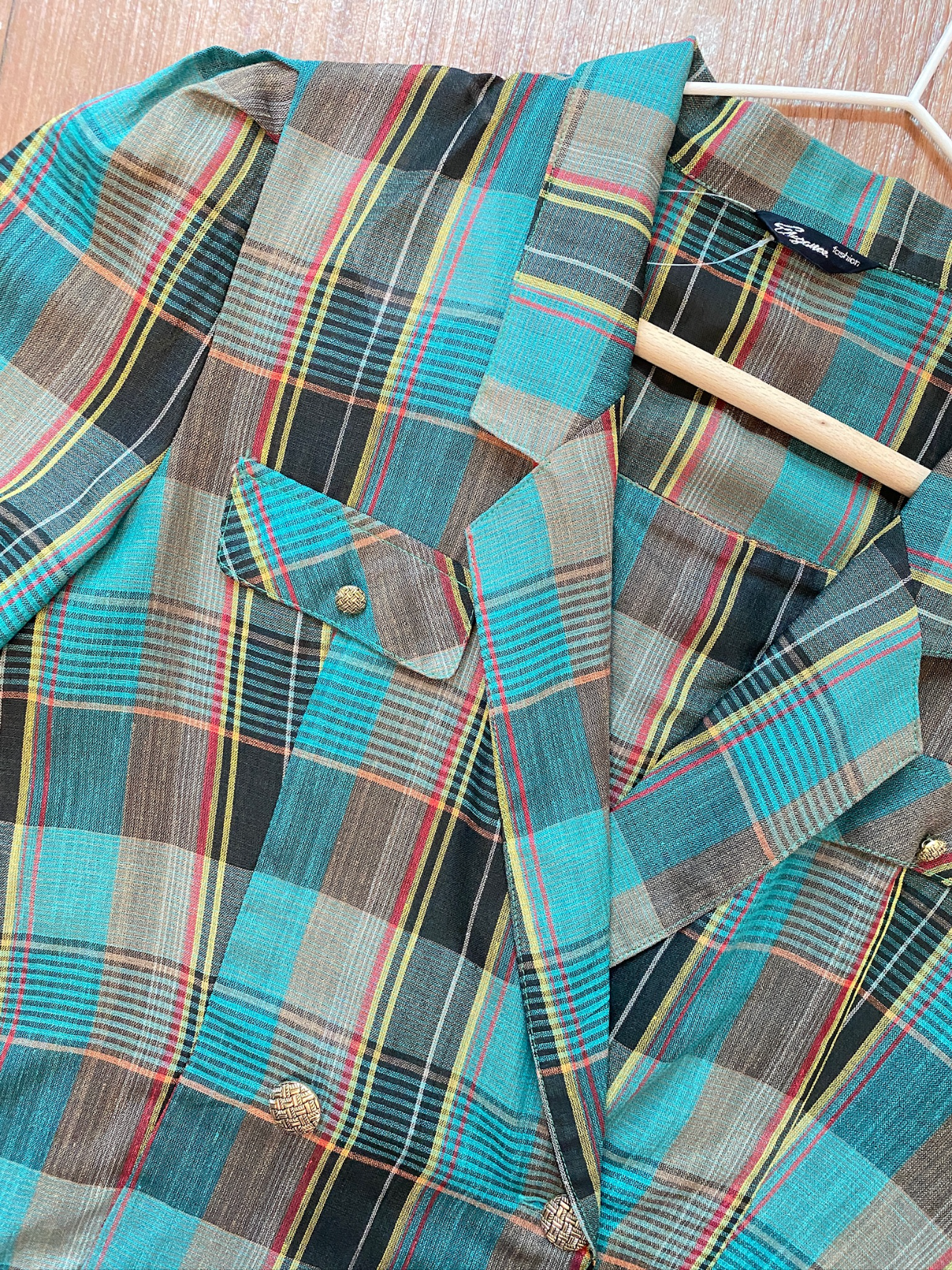 日系感綠色格紋古著上衣