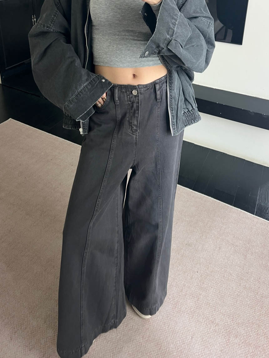 灰系車線闊腿牛仔褲