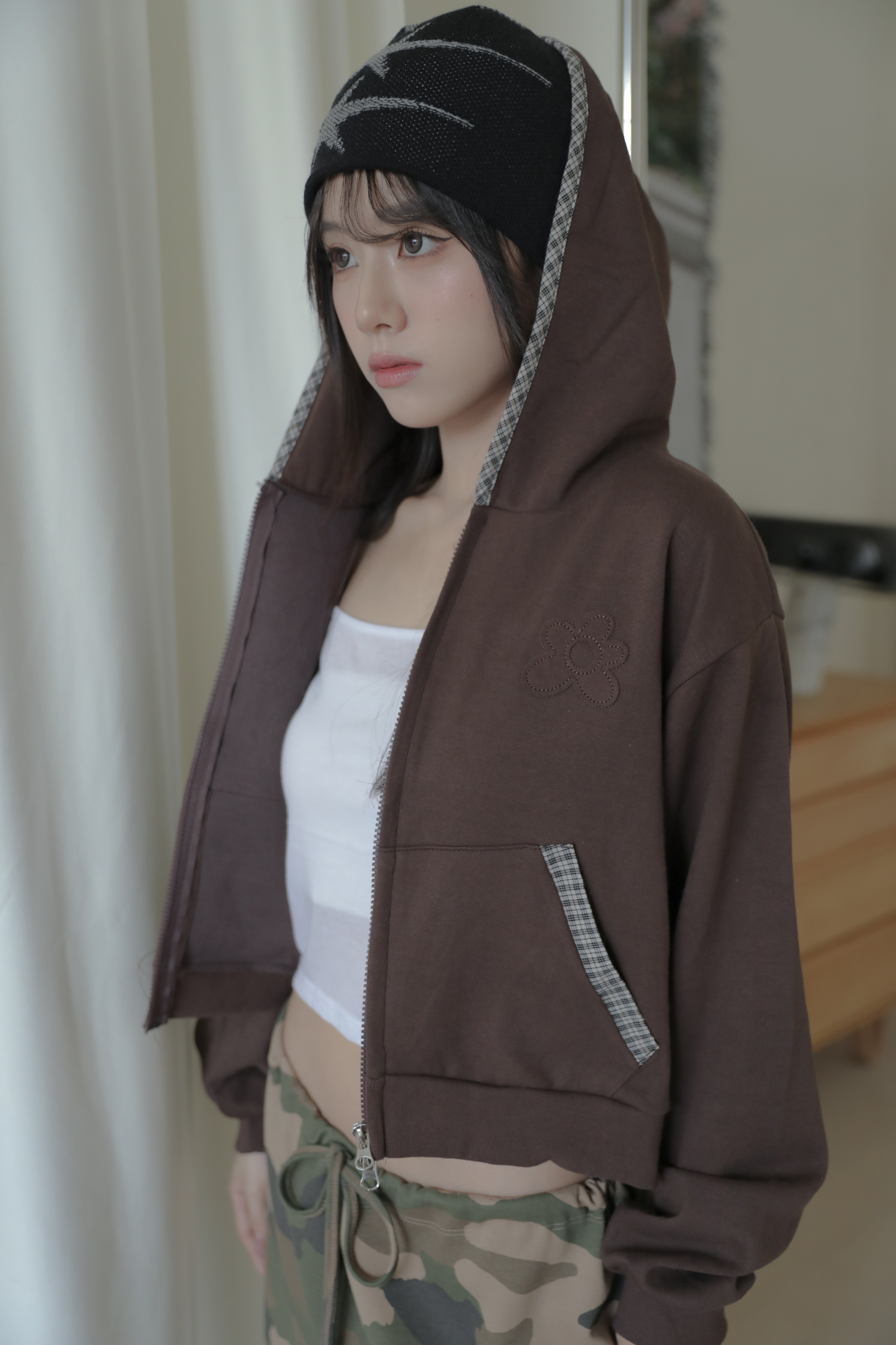 Floral Check Hooded Zip-up #外套