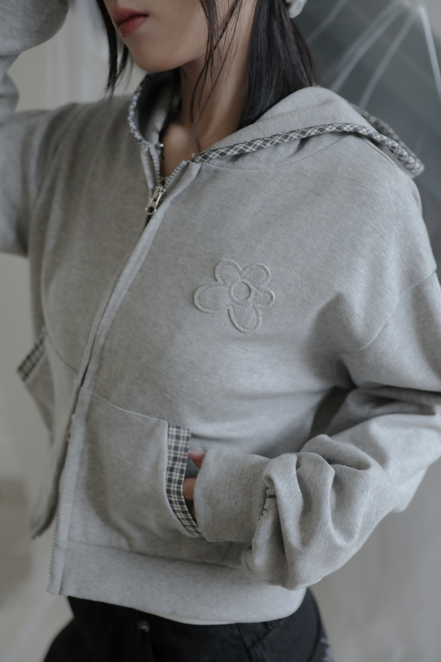 Floral Check Hooded Zip-up #外套