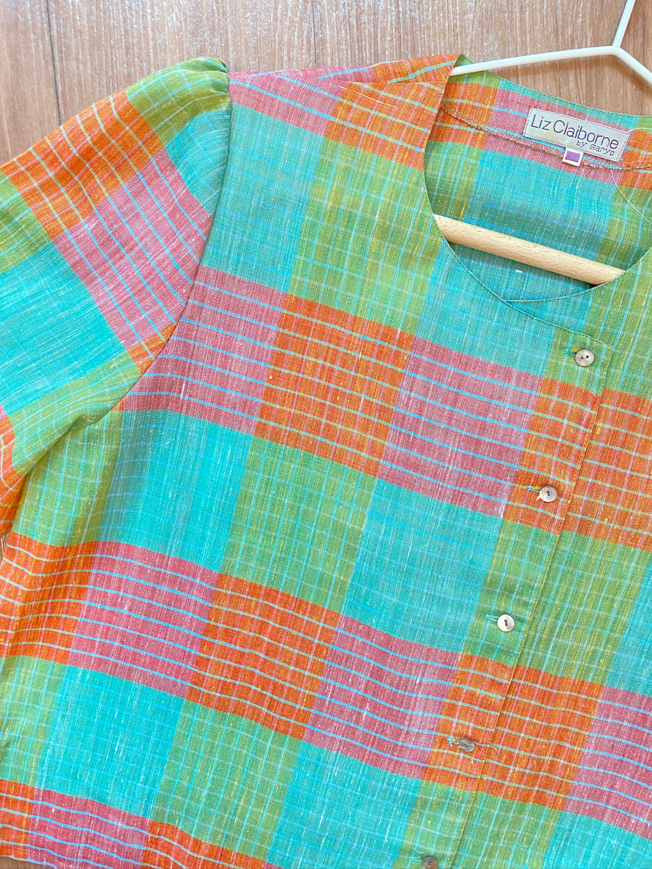 清新感橙綠格紋古著上衣