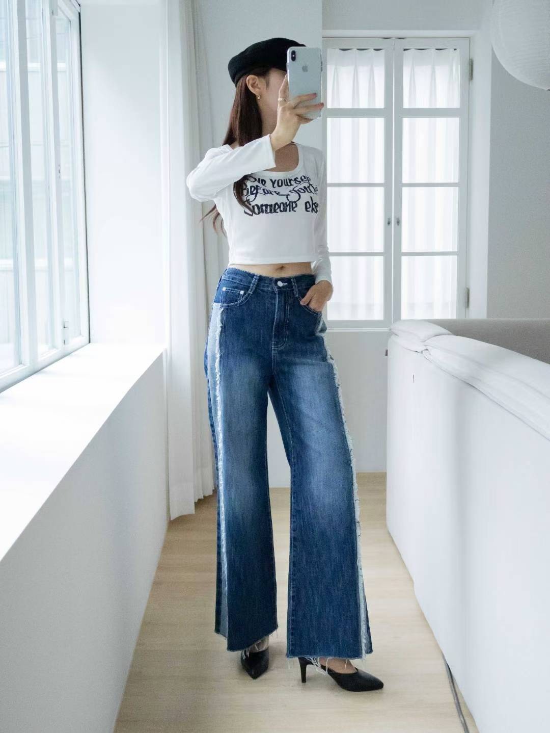 2227拚色鬚邊牛仔寬直筒褲