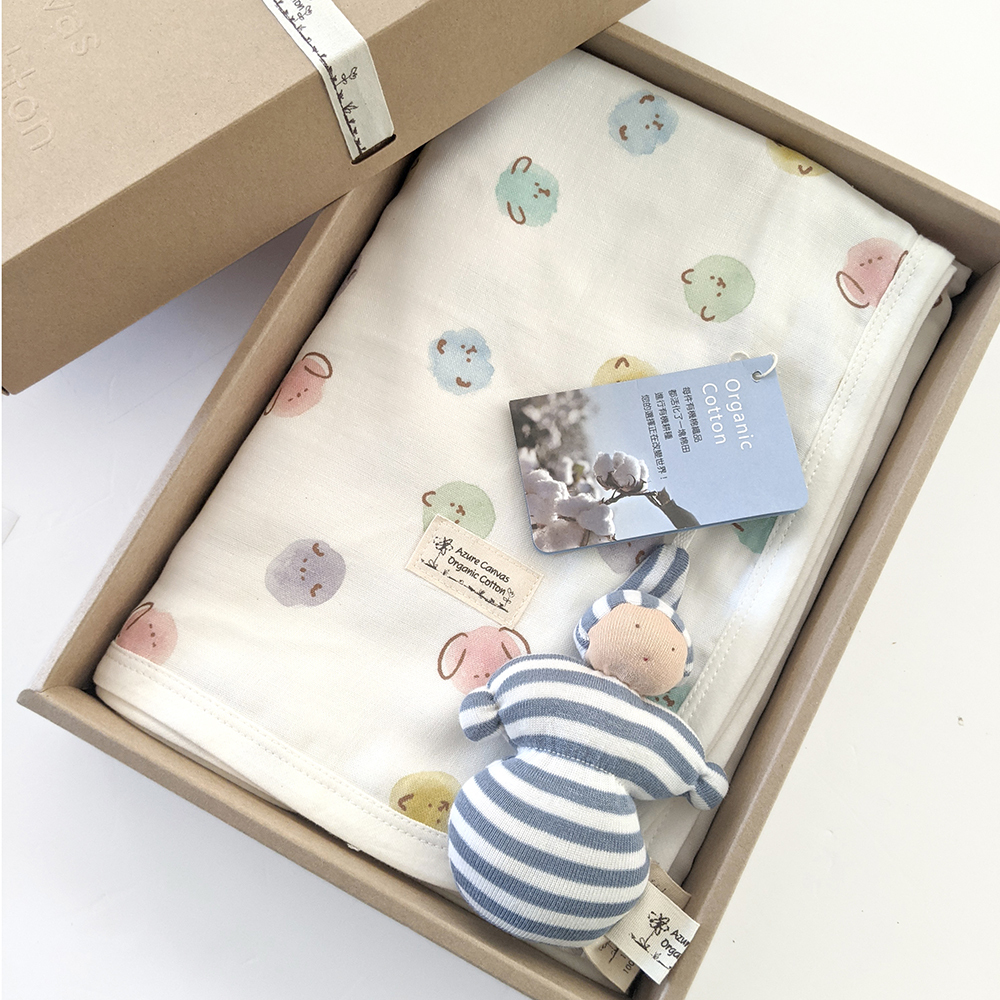 有機棉春夏柔紗嬰兒毯小地精禮盒-泡泡F | 藍天畫布有機棉