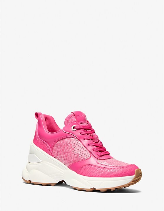 [S] MICHAEL KORS DRAGON FRUIT KATRINA WEDGE TRAINER MK SIG SM/CLEAR SEQUIN, 49R5KAFS1B-DRAGON FRUIT (SMK1278)