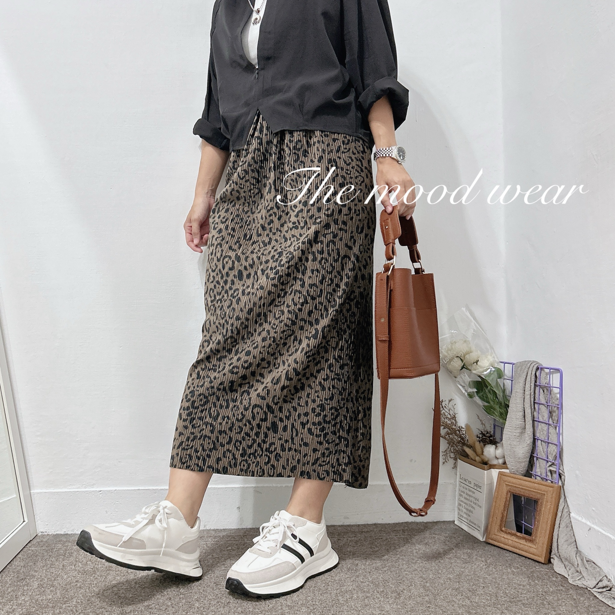 立體壓摺豹紋長裙