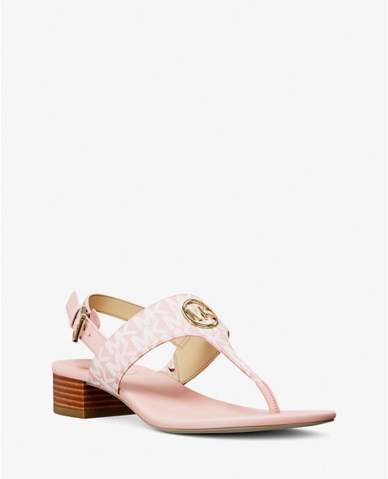 [S] MICHAEL KORS POWDER BLUSH HANNAH SIGNATURE LOGO T-STRAP SANDAL, 49S5HNFS2B-POWDER BLUSH (SMK1303)