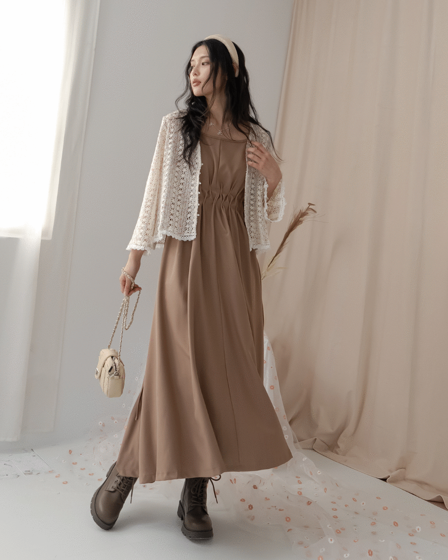 高腰抓皺吊帶背心裙(素色)