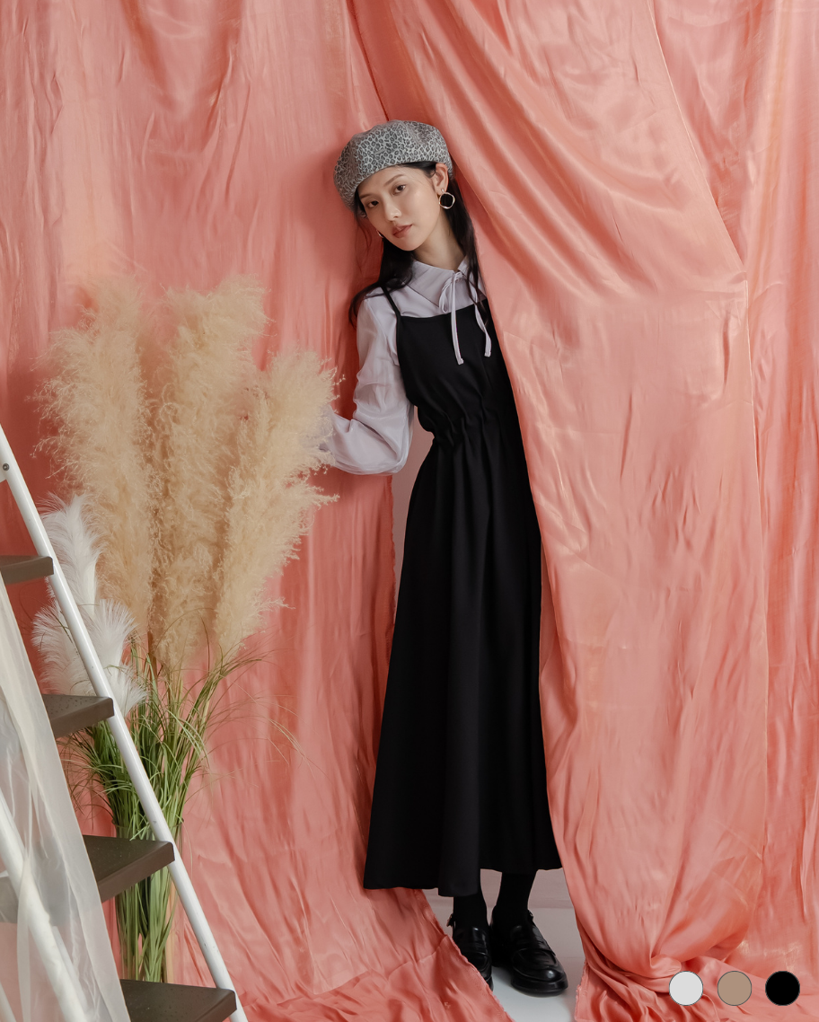 高腰抓皺吊帶背心裙(素色)