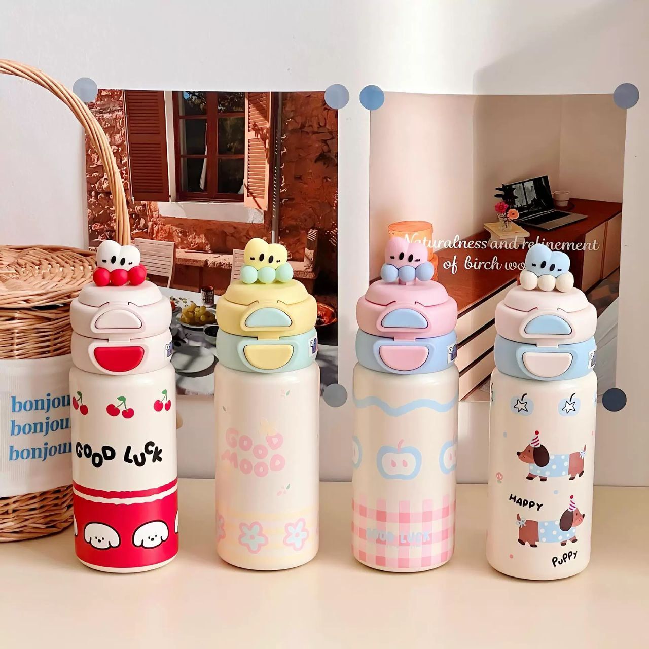 550ML Korean Art Style Dual-Drink Straw 316 Stainless Steel Thermos Cup