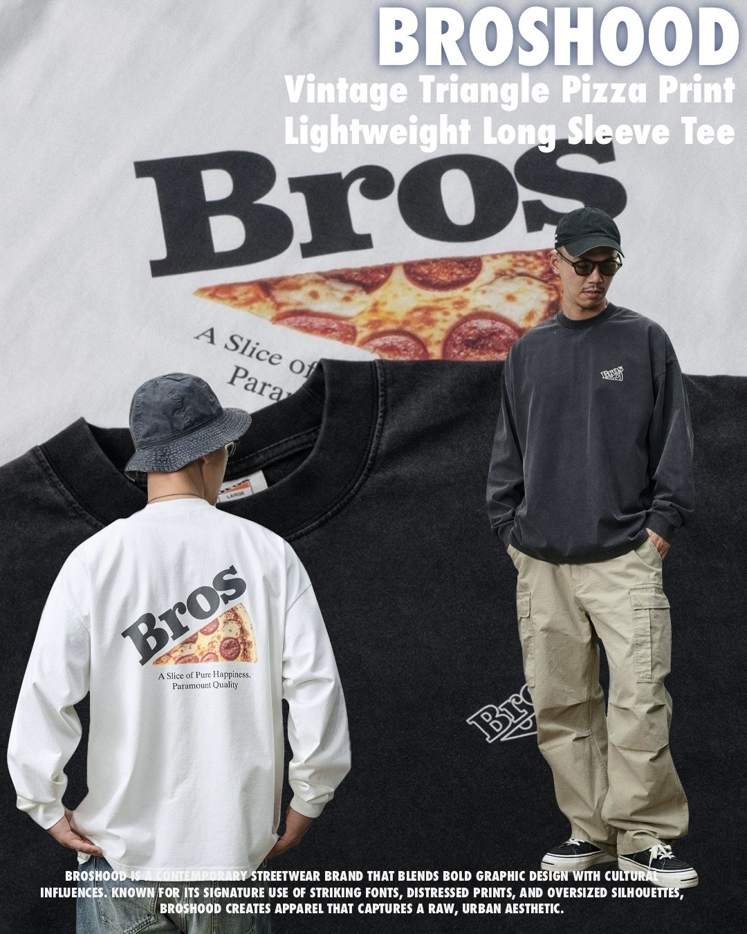 #預購 BROSHOOD 25AW 日系寬鬆 水洗 PIZZA印花 薄長袖 兩色