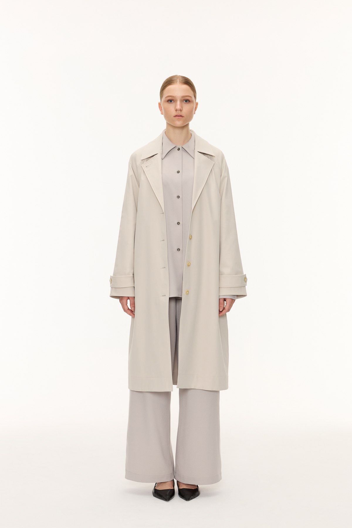 AVENUE 寬鬆長版風衣外套（淺灰）