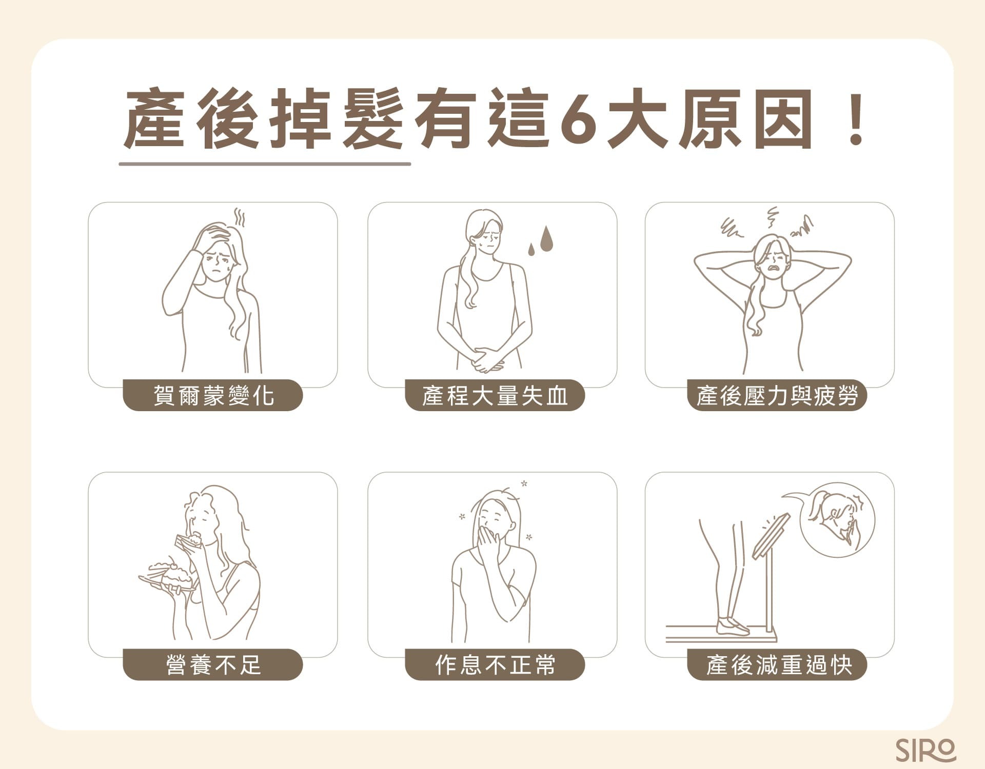 6 個產後掉髮原因：荷爾蒙變化、產程大量失血、產後壓力、營養不足、作息不正常、產後減重過快
