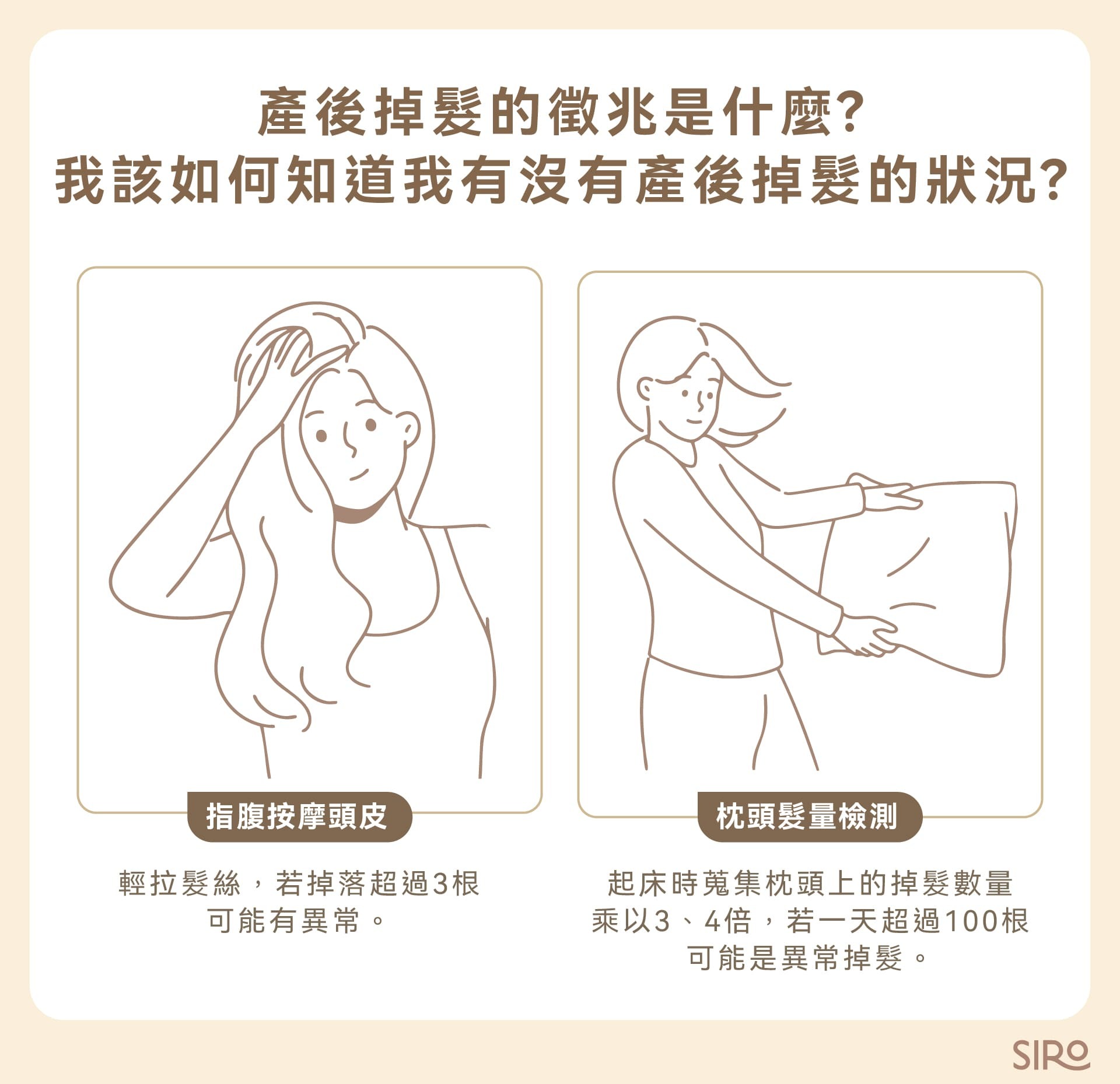洗頭時頭髮突然掉超多；梳頭時，梳子上的毛量明顯變多；起床後，發現枕頭上的髮絲變多；額頭、髮際線變得稀疏；整體髮量變薄、綁馬尾變細