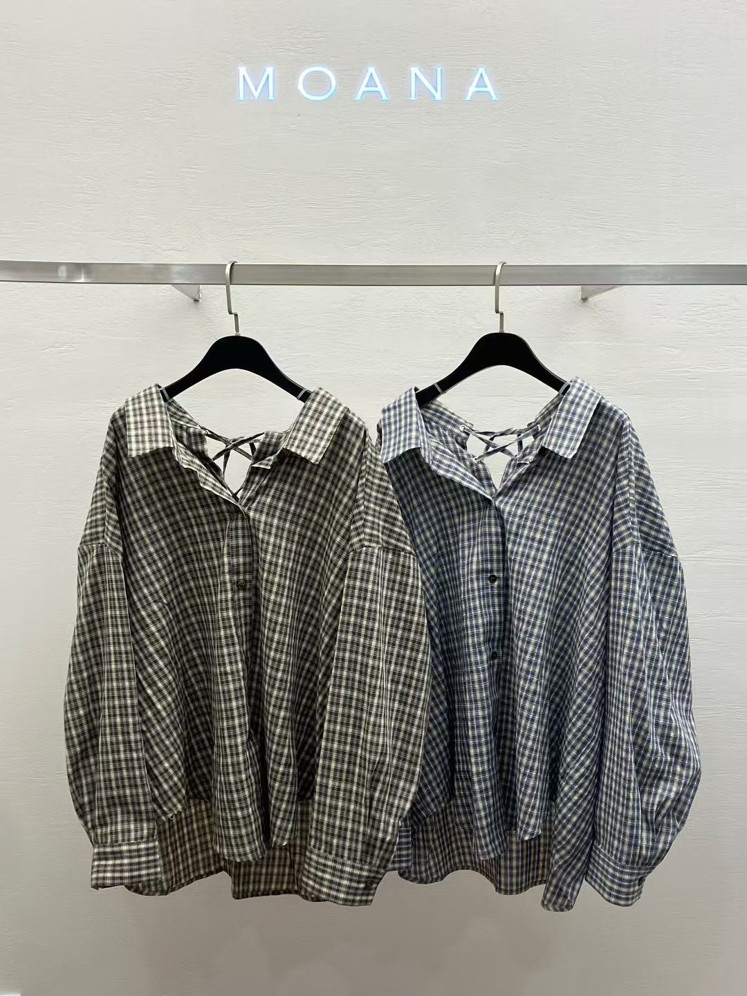 MK5038 偵探款格仔紋後綁帶恤衫