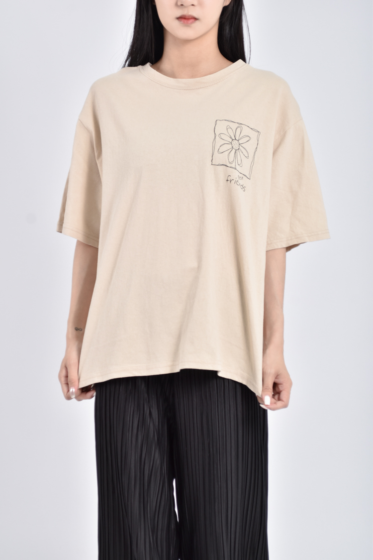 二拾衫-(L) casual clothing質感線條花花杏色短袖上衣二手衣|30日無條件退貨