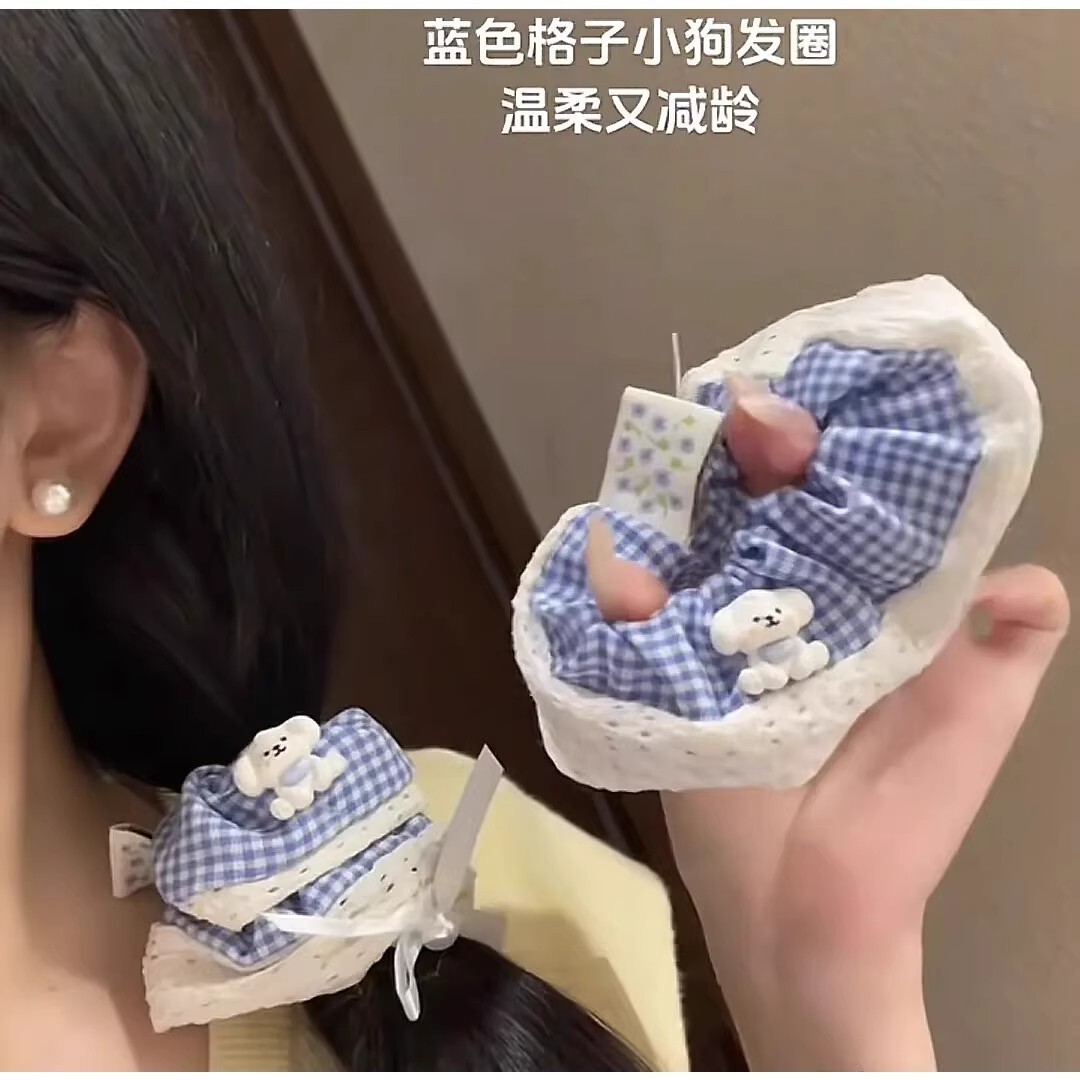 [2 FOR RM10] Blue Plaid Cute Puppy Bow Scrunchies