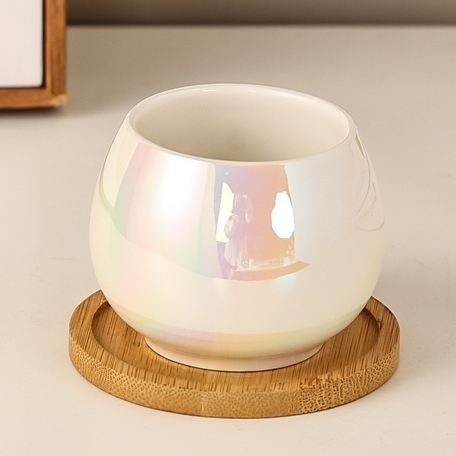 【台灣現貨速發】幻彩瓷白花器＋木底盤｜ 陶瓷 小盆 花器 幻彩花器 多肉植物花器 花盆