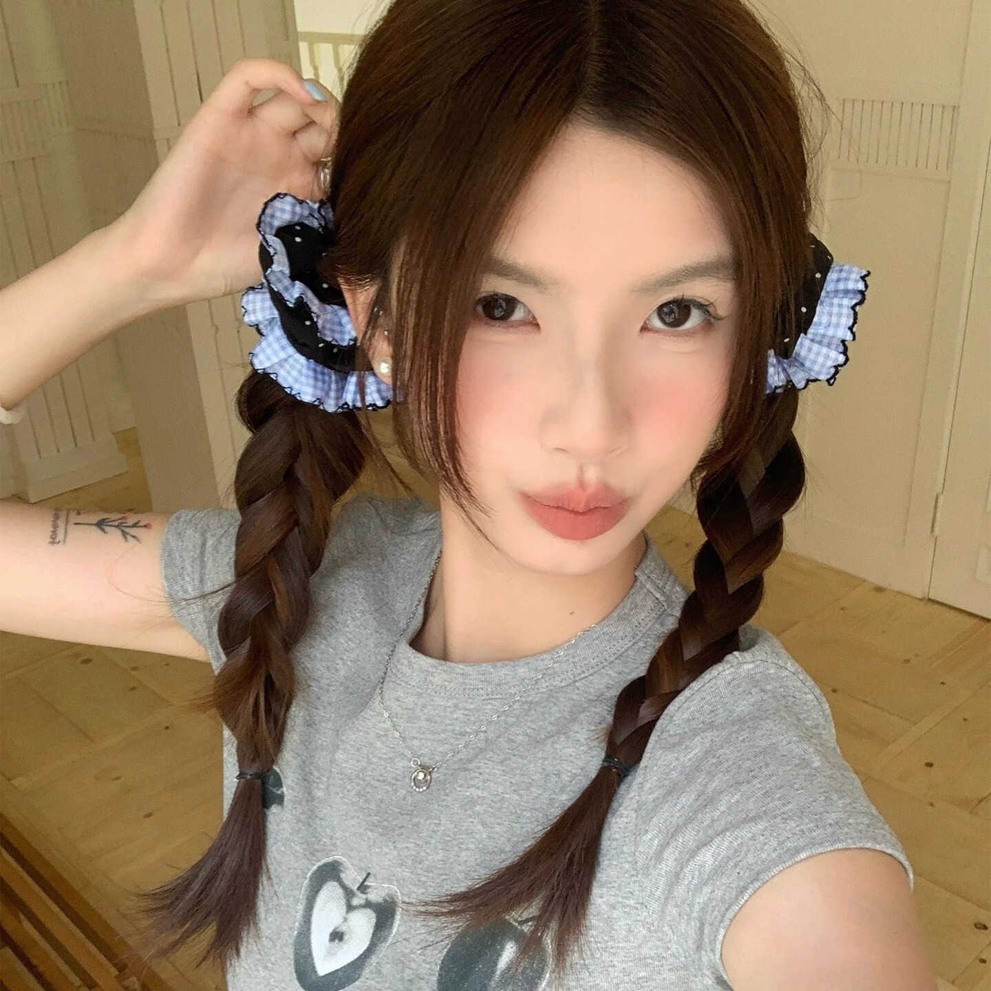 [3 FOR RM10] Korean Blue Plaid Lace Scrunchies