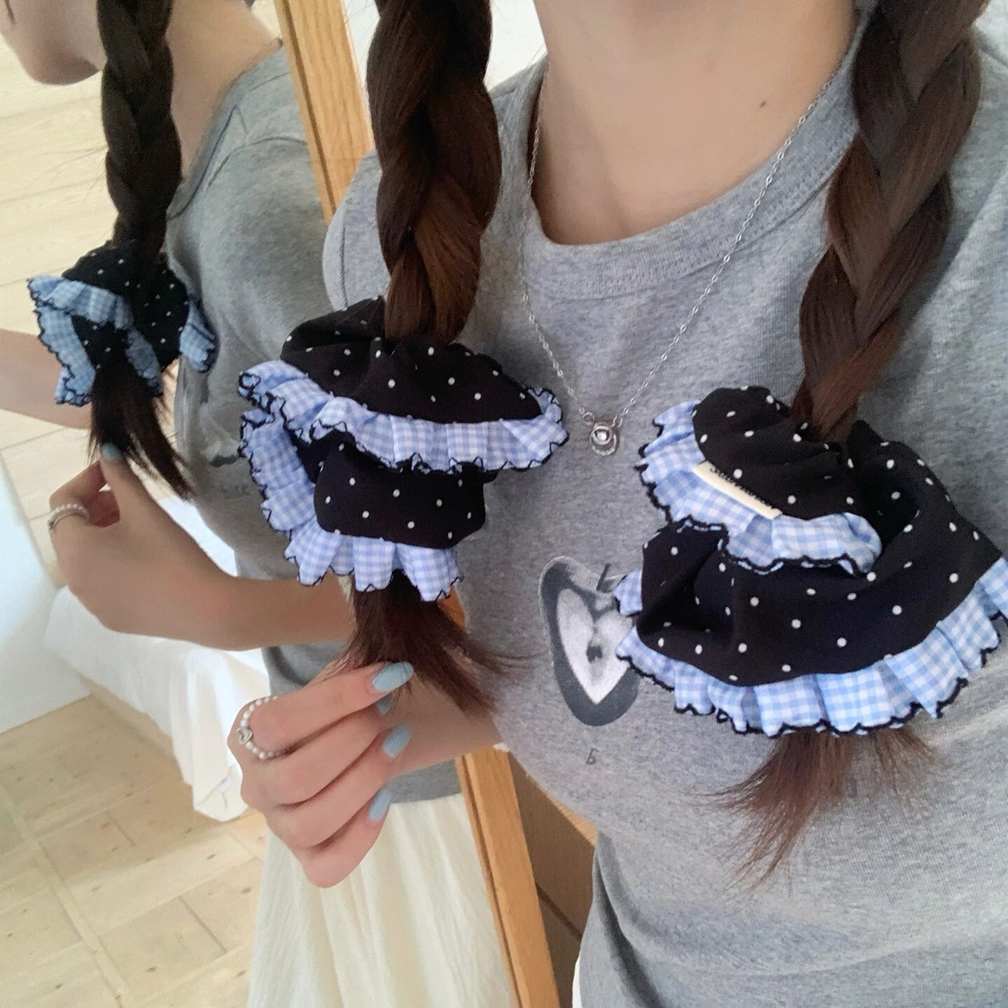 [3 FOR RM10] Korean Blue Plaid Lace Scrunchies