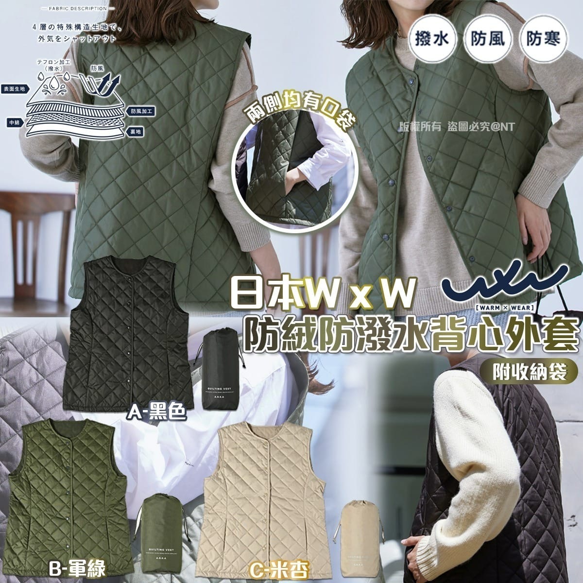 日本W x W防絨防潑水背心外套 附收納袋