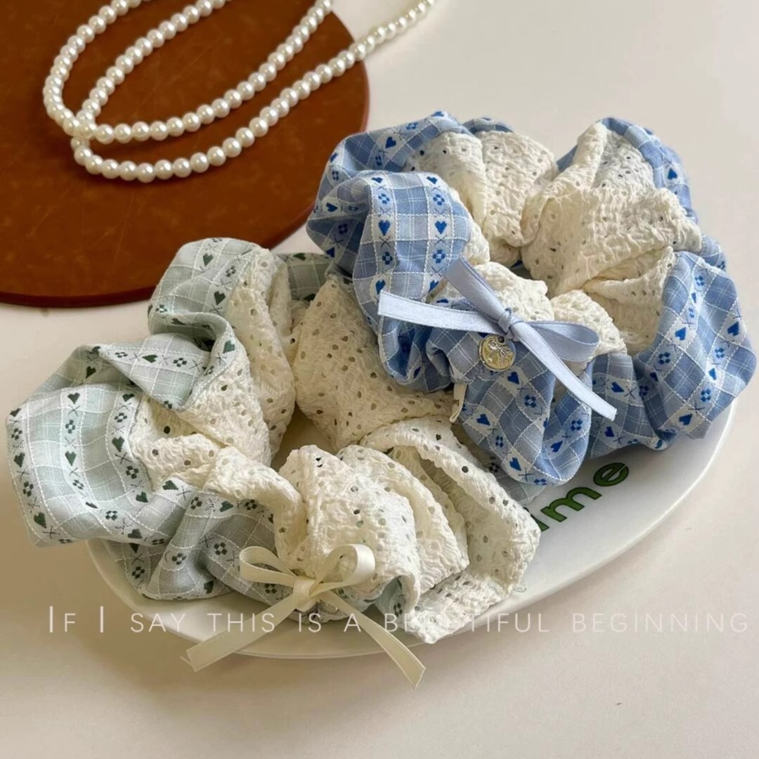 [2 FOR RM10] Green White Patchwork Plaid Fabric Scrunchies