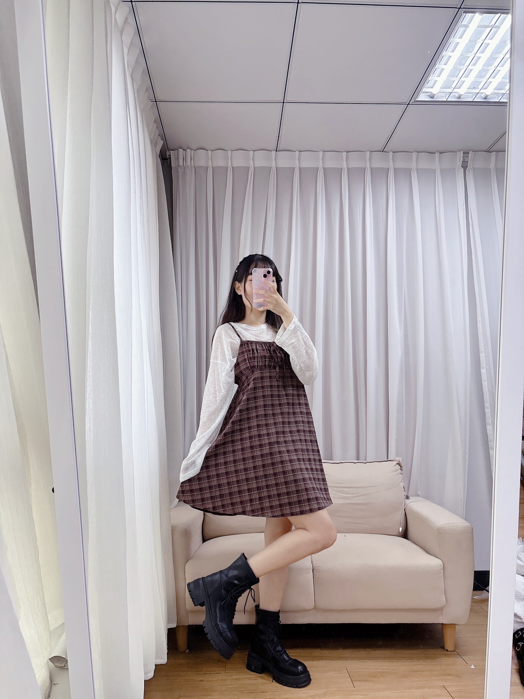 胸抓皺格紋細肩短洋