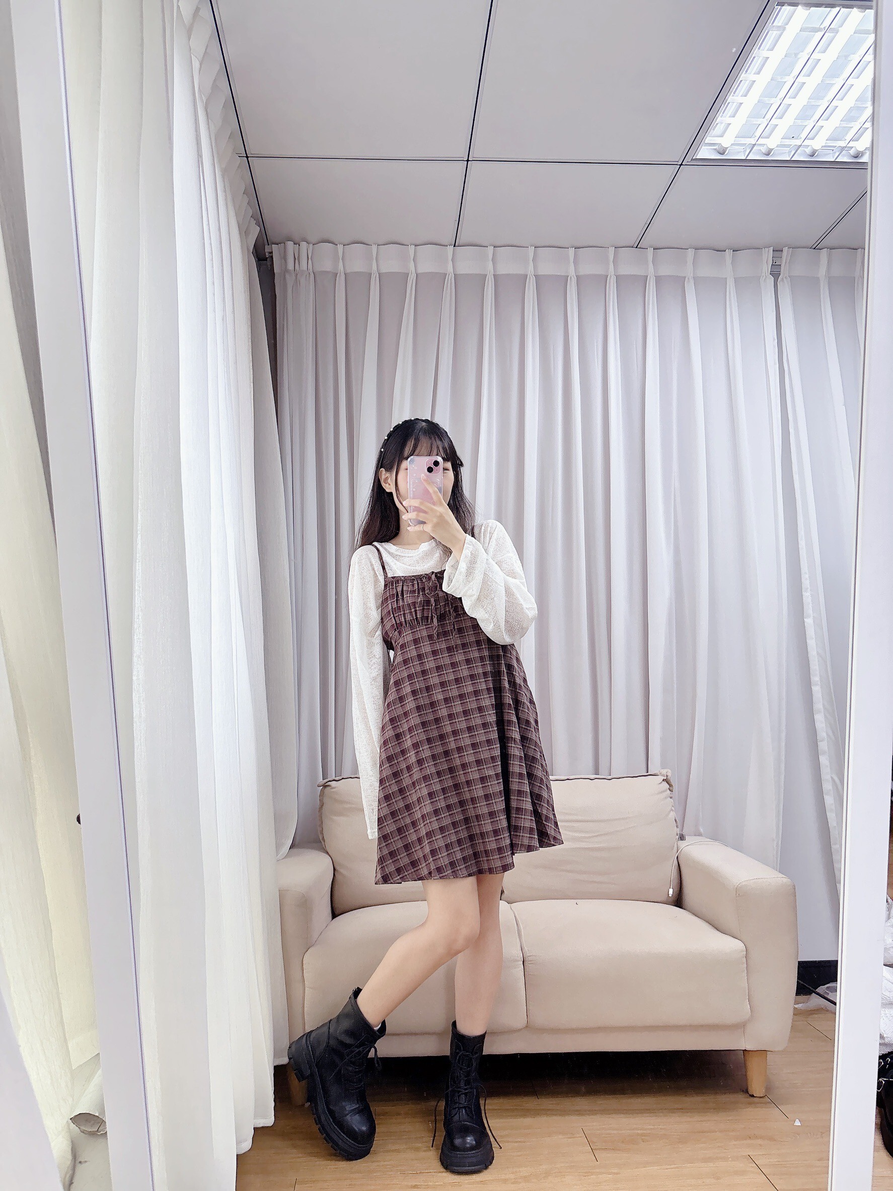 胸抓皺格紋細肩短洋