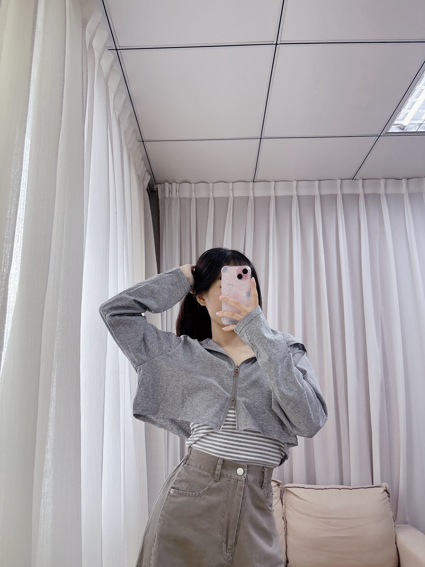 條紋開岔背心+雙拉鍊外套