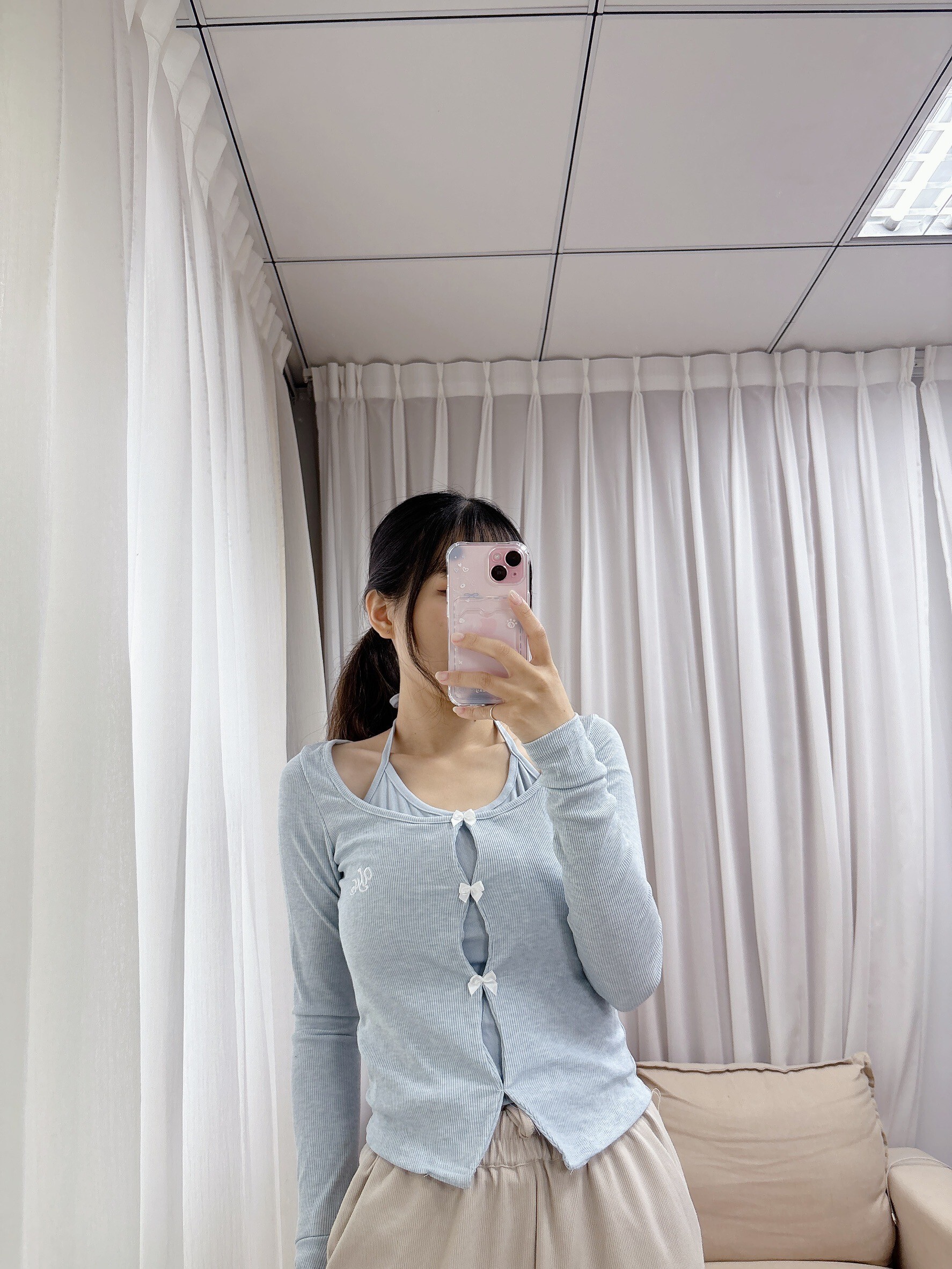 刺繡假兩件蝴蝶結上衣