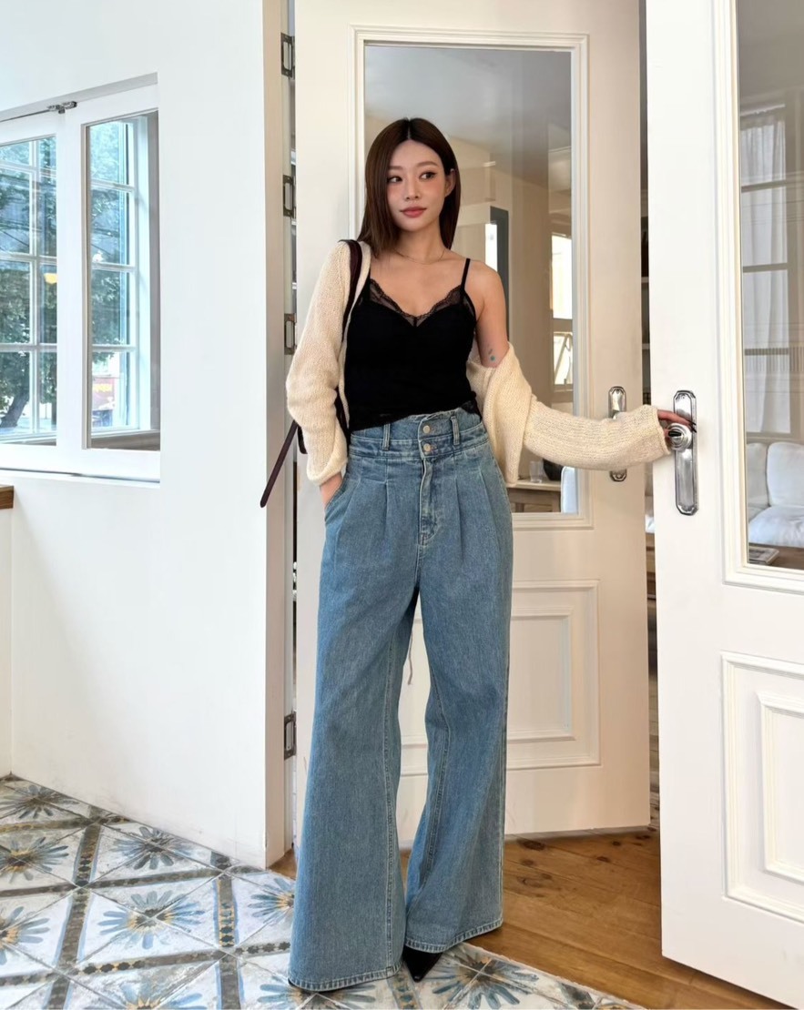 兩釦高腰寬牛仔長褲