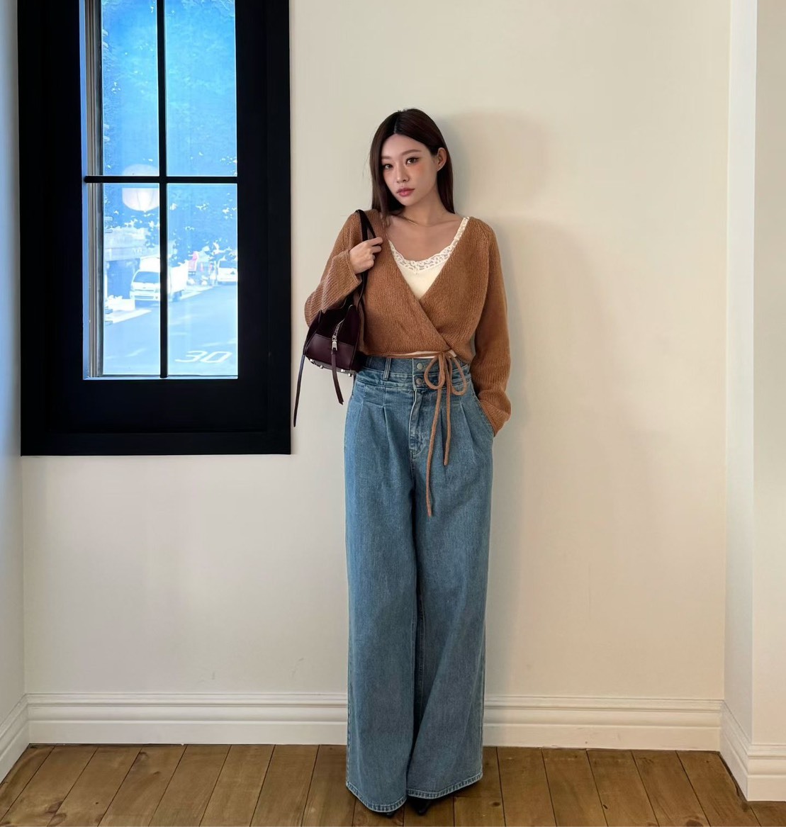 兩釦高腰寬牛仔長褲