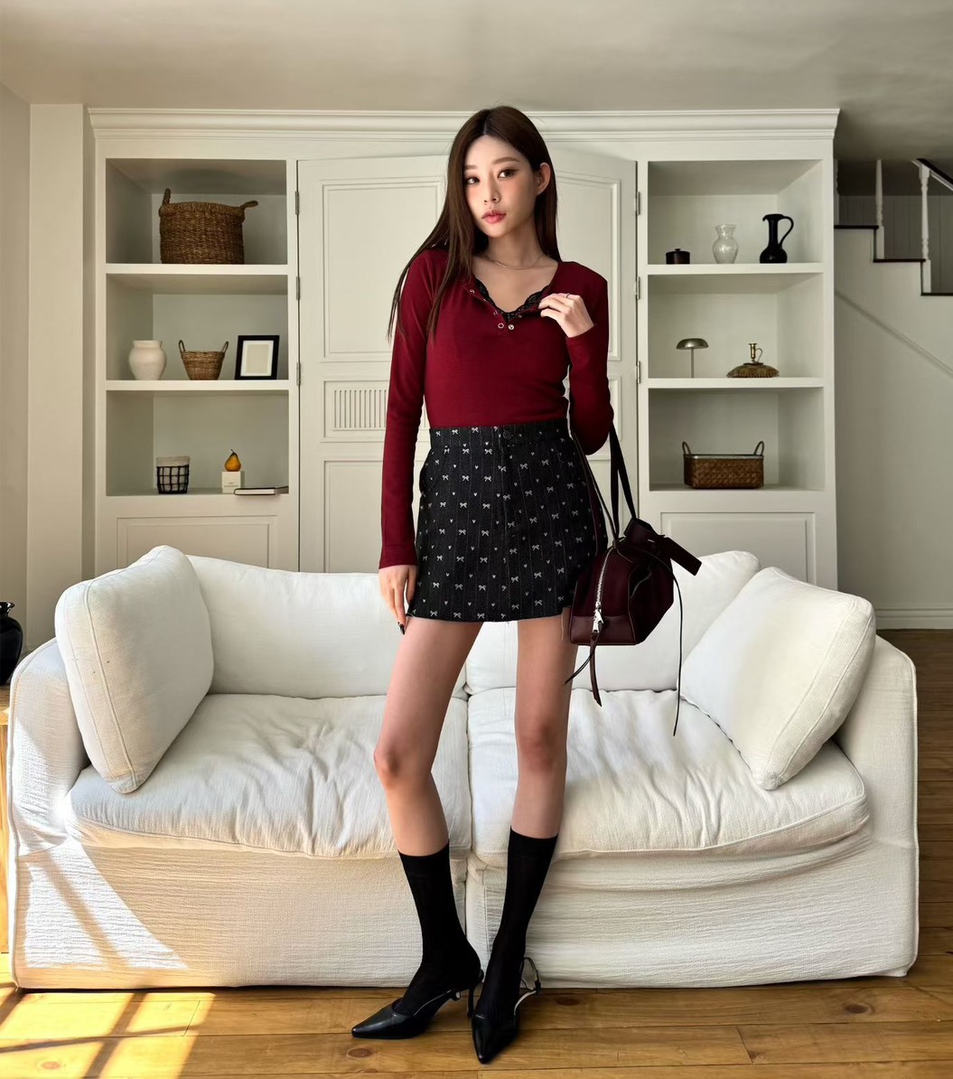 蝴蝶結印圖牛仔短裙(內安全褲)