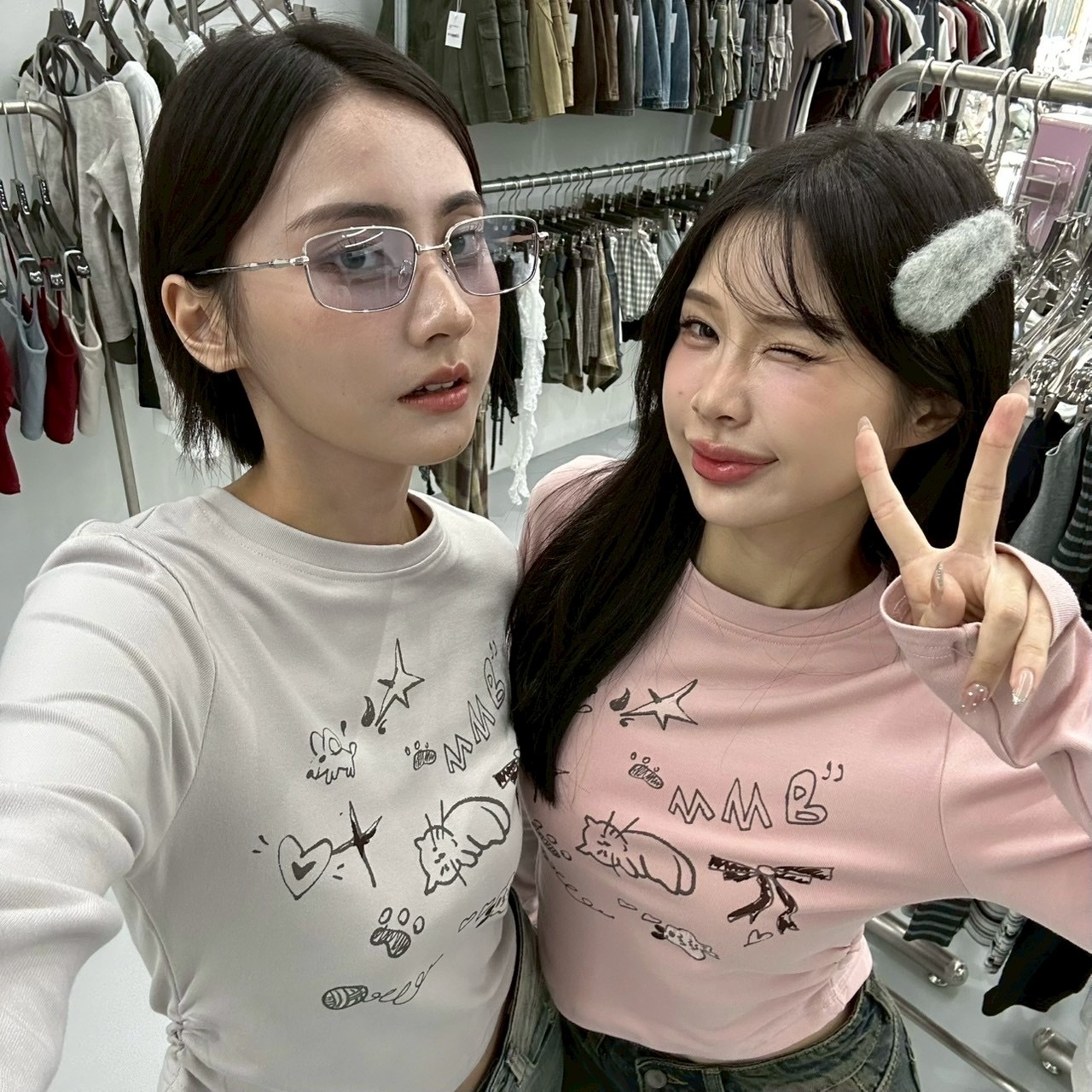 mmb貓咪塗鴉日記磨毛抓皺長t