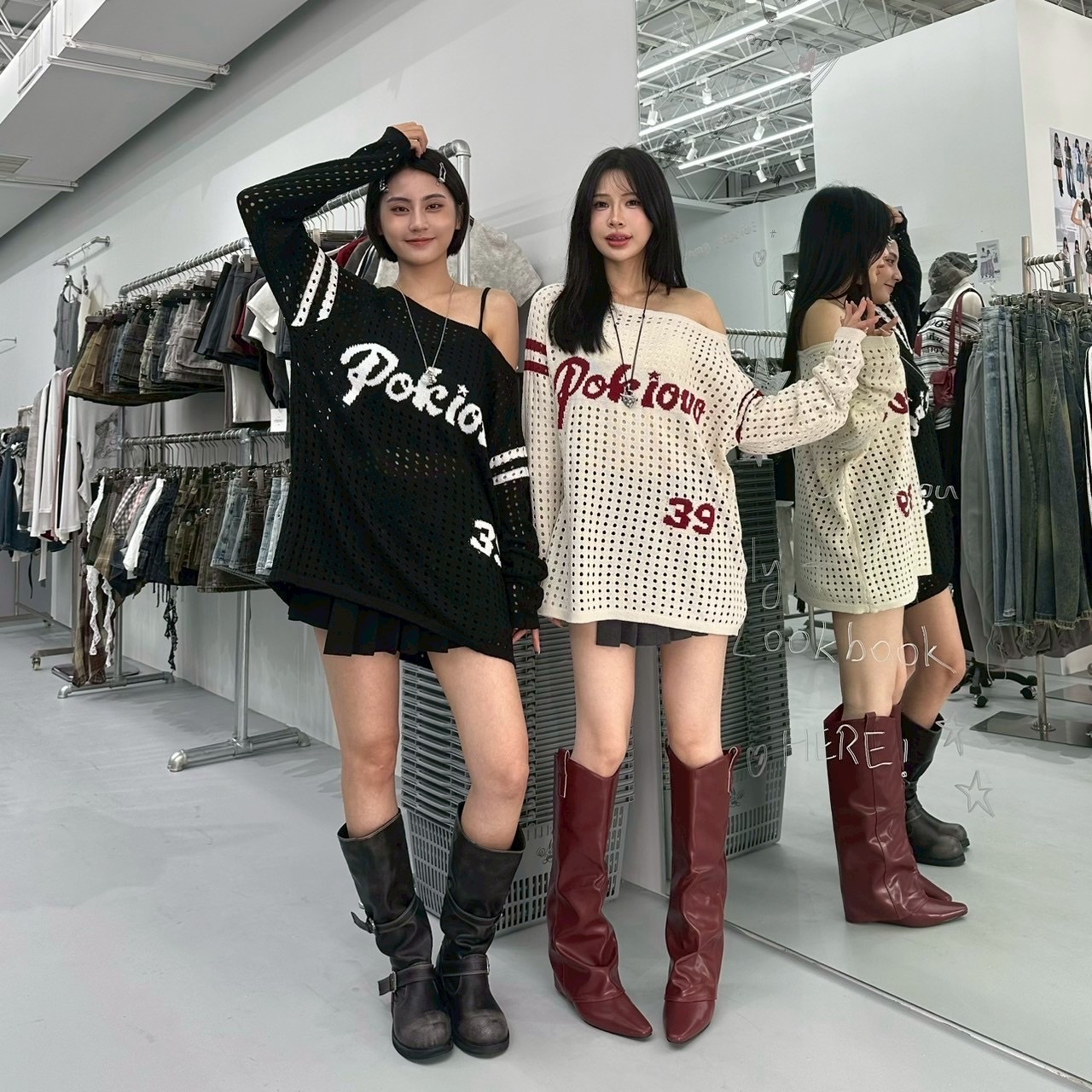 美式隨性斜肩鏤空針織衫