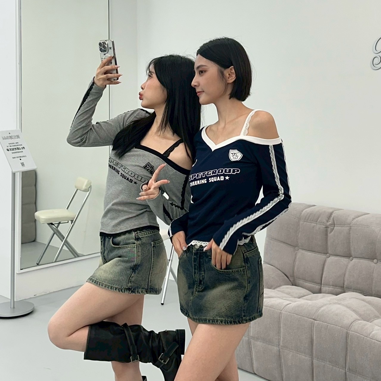 斜肩蕾絲運動風長t