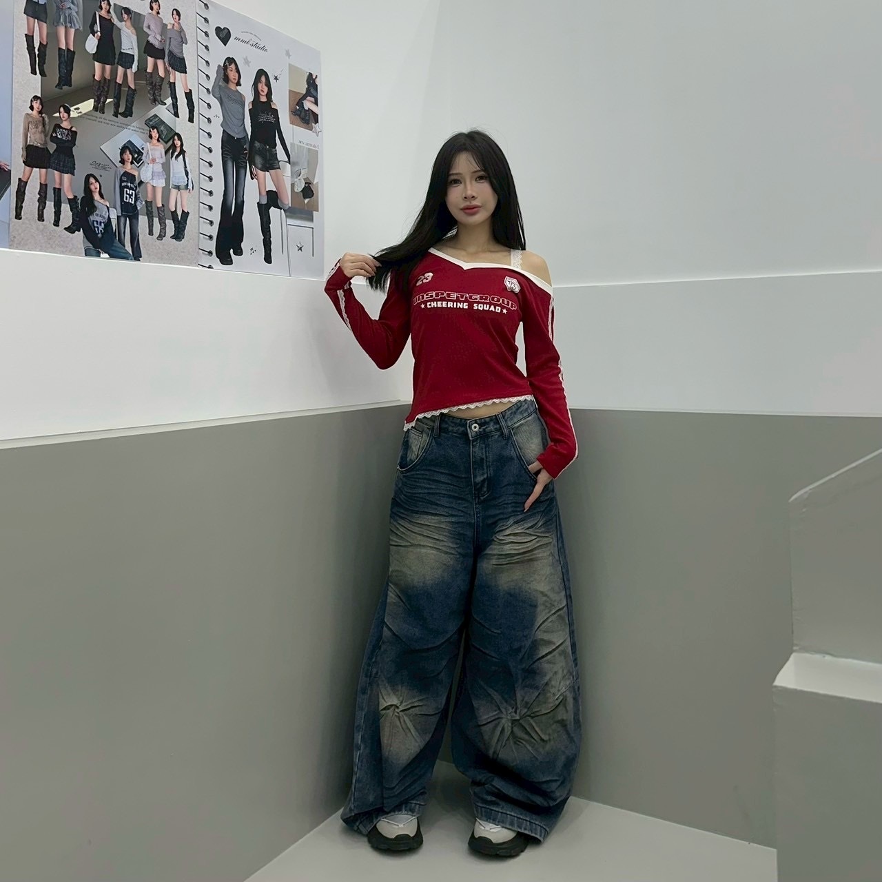 斜肩蕾絲運動風長t