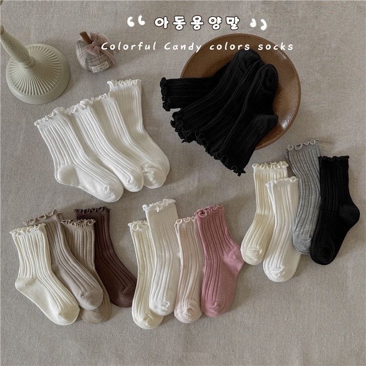 現貨｜. M ( 3- 5 Y )  純色木耳邊女孩襪子  ‧₊