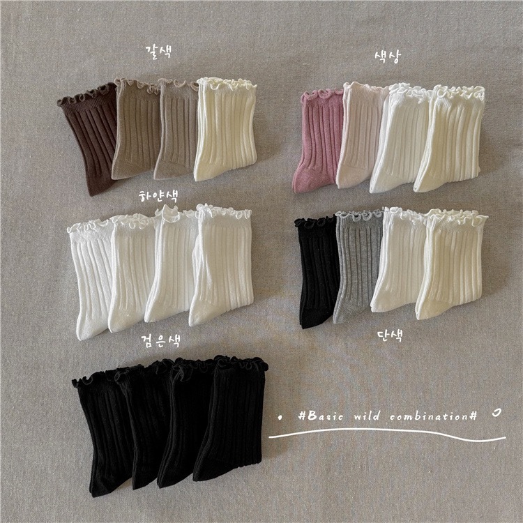 現貨｜. M ( 3- 5 Y )  純色木耳邊女孩襪子  ‧₊